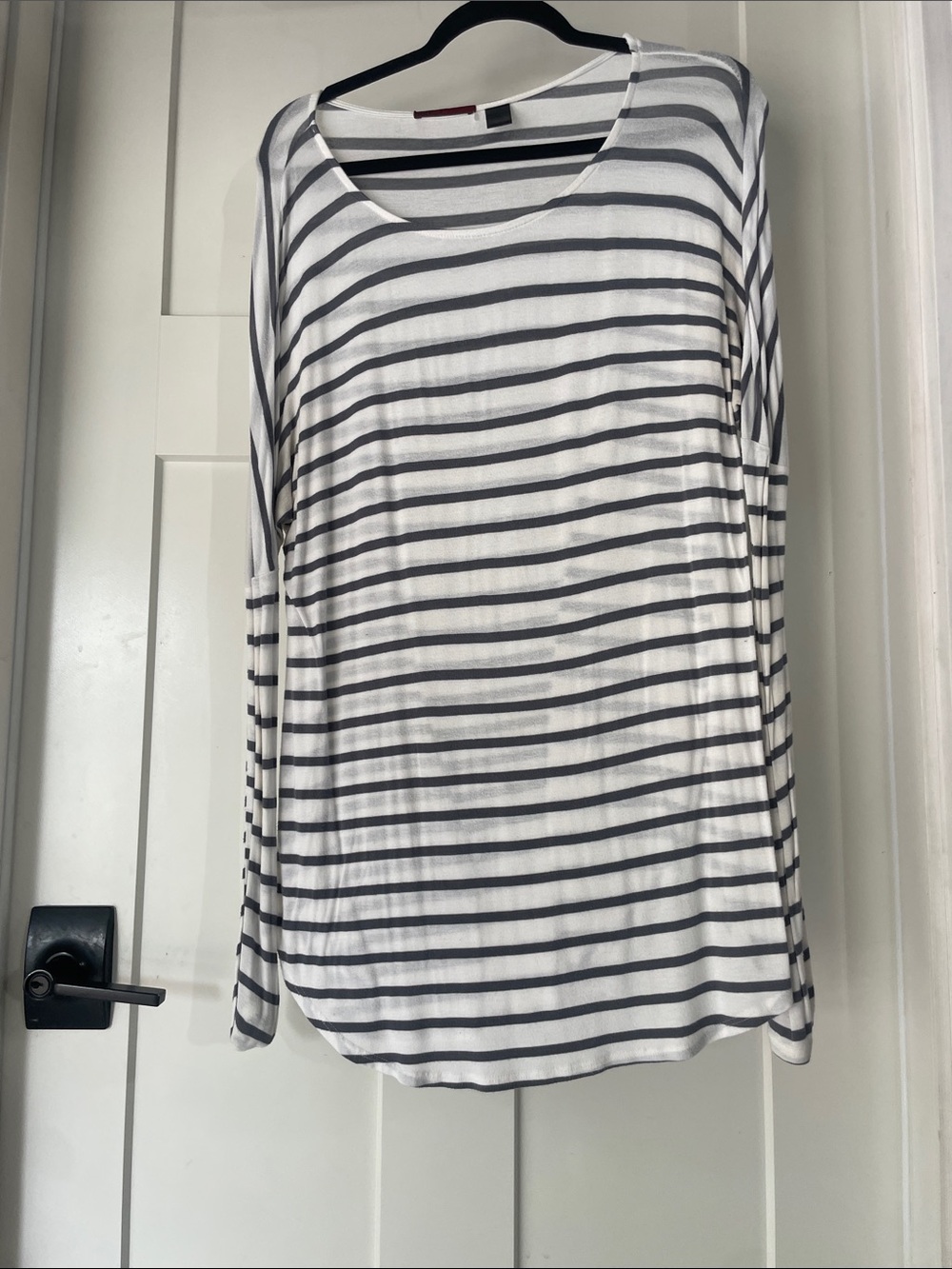 BKE White Long Sleeve Scoop Neck Top with Black Stripes